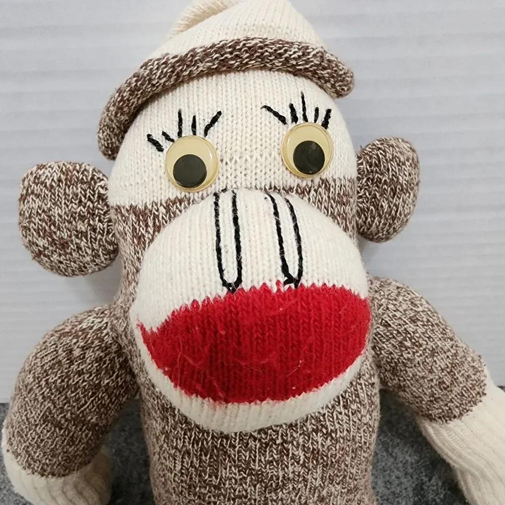 Vintage Sock Monkey Plush Toy Red Heel Sock Craft Doll